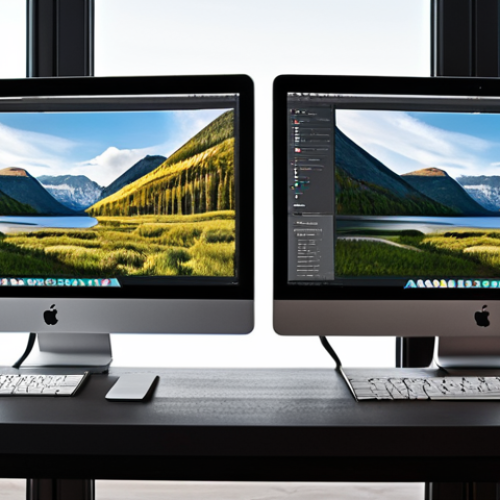 Home 6 Here are two professional image prompts for Stable Diffusion XL, focusing on the concepts of multi-monitor setups with a MacBook for enhanced productivity, as described in the provided text:
