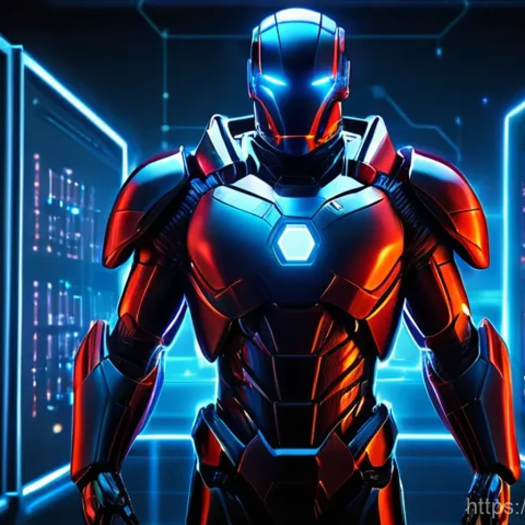 리눅스에서 방화벽 설정 가이드 - **Prompt:** A heroic, cybernetic guardian figure, armored and glowing with digital light, stands res...