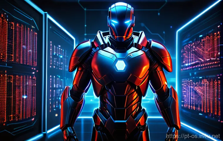 리눅스에서 방화벽 설정 가이드 - **Prompt:** A heroic, cybernetic guardian figure, armored and glowing with digital light, stands res...