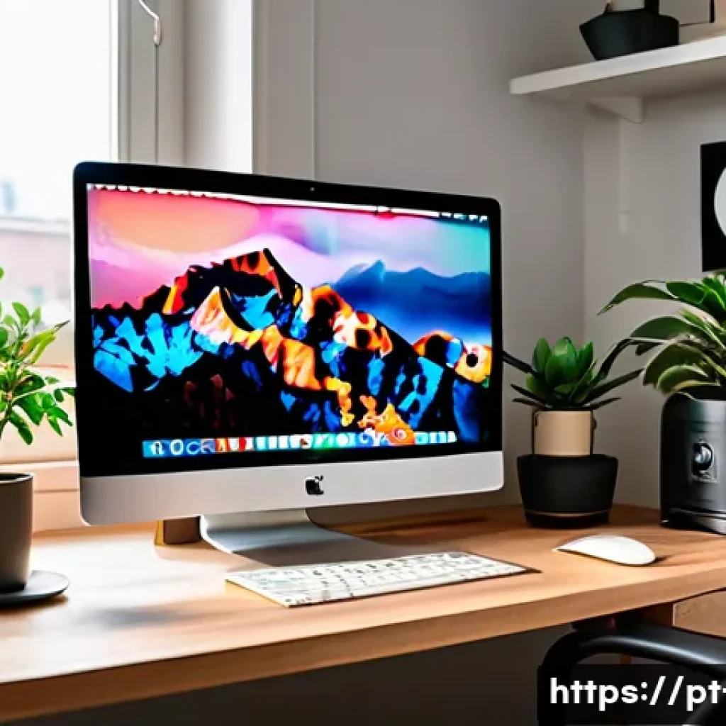 macOS에서 소프트웨어 설치 및 삭제 - A modern and cozy home office setup with a sleek Mac computer displaying the macOS Launchpad on scre...