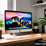 macOS에서 소프트웨어 설치 및 삭제 - A modern and cozy home office setup with a sleek Mac computer displaying the macOS Launchpad on scre...