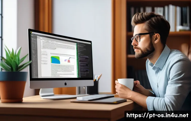 리눅스 터미널 명령어 초보자 가이드 - A detailed and realistic digital illustration of a young professional in a cozy home office environm...