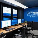 운영체제별 가상화 도구 비교 - A professional office environment showcasing a confident IT specialist managing multiple virtual mac...