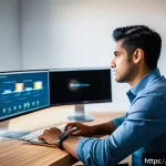 윈도우와 macOS에서 가상 머신 설정 방법 - A modern tech workspace featuring a professional developer seated at a sleek desk, working on a lapt...