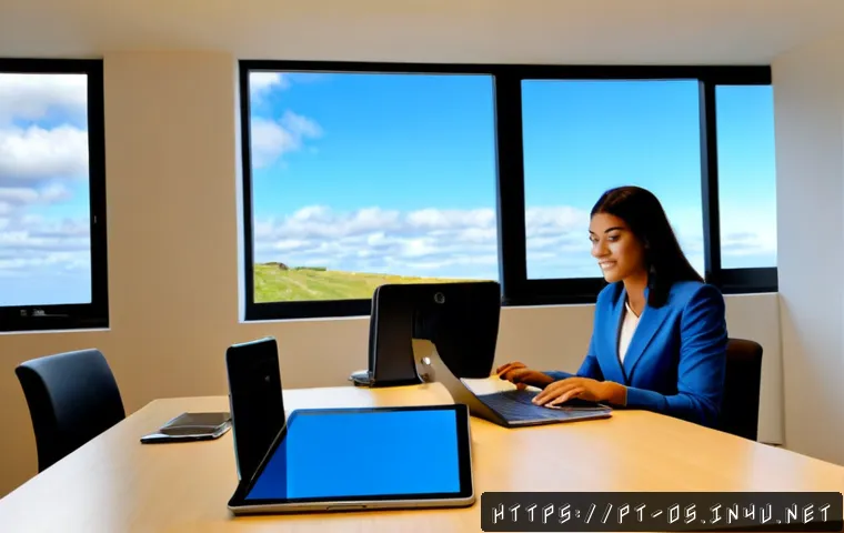Home 14 운영체제별 백업 전략 추천 - Photorealistic home office scene for a Portuguese-speaking user, a middle-aged professional calmly o...